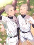  2boys arm_behind_head baseball_uniform belt black_undershirt blush brown_eyes closed_eyes highres male_focus multiple_boys open_mouth original outdoors pants petals smile sportswear tettabuzz tree undershirt white_pants 