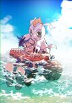  back blue_sky clouds cloudy_sky digimon digimon_(creature) digimon_adventure glasses gomamon green_eyes highres kido_jou murimajimuri one_eye_closed shorts sky water 