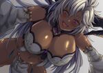  1girl :d bangs blush breasts dark-skinned_female dark_skin detached_sleeves dutch_angle fang fediel_(granblue_fantasy) girl_on_top granblue_fantasy horns huge_breasts lips long_hair midriff navel parted_bangs pelvic_curtain shiny shiny_skin silver_hair simple_background smile solo very_long_hair violet_eyes white_background yude 