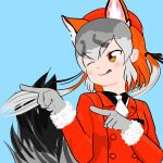  1girl absurdres animal_ears fox_ears fox_girl fox_tail gloves hat highres island_fox_(kemono_friends) kemono_friends kemono_friends_v_project long_hair multicolored_hair necktie ribbon shirt silver_hair simple_background skirt smile smile_hatena solo tail virtual_youtuber 