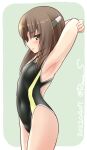  1girl arms_behind_head black_swimsuit brown_eyes brown_hair commentary_request competition_swimsuit covered_navel cowboy_shot dated grey_background headband headgear kantai_collection one-hour_drawing_challenge one-piece_swimsuit ray.s solo standing stretch swimsuit taihou_(kancolle) twitter_username 