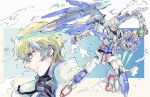  1boy blonde_hair commentary dust_cloud graham_aker gundam gundam_00 gundam_00_festival_10_&quot;re:vision&quot; gundam_exia_repair_iv highres holding holding_sword holding_weapon kare_(0621utak) mecha profile silver_hair sword weapon yellow_eyes 