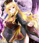  1girl blonde_hair breasts chinese_clothes crescent eyebrows_visible_through_hair hajike_akira highres junko_(touhou) large_breasts long_hair one-hour_drawing_challenge open_mouth phoenix_crown red_eyes smile solo tabard touhou very_long_hair 