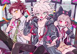  1girl 2boys :o animal_ears badge bangs breast_pocket brown_pants collared_shirt danganronpa_(series) danganronpa_2:_goodbye_despair english_text eyebrows_visible_through_hair fake_animal_ears green_eyes green_necktie grey_shirt hair_between_eyes highres hinata_hajime hood hood_up komaeda_nagito long_sleeves looking_at_viewer male_focus miniskirt multiple_boys nanami_chiaki neck_ribbon necktie osshouri55 pants pink_eyes pink_ribbon pleated_skirt pocket print_shirt ribbon shirt short_hair sitting skirt spiky_hair thigh-highs zettai_ryouiki 