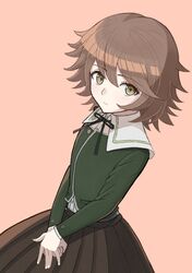  1boy bangs brown_background brown_hair brown_skirt closed_mouth danganronpa:_trigger_happy_havoc danganronpa_(series) eyebrows_visible_through_hair fujiike_yuu fujisaki_chihiro green_jacket green_ribbon hair_between_eyes jacket long_sleeves male_focus neck_ribbon otoko_no_ko pleated_skirt ribbon shiny shiny_hair short_hair skirt smile solo 