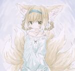  1girl animal_ear_fluff animal_ears bare_shoulders blonde_hair blue_hairband braid closed_mouth collarbone eyebrows_visible_through_hair fox_ears fox_girl fox_tail frills green_eyes grey_ribbon hairband highres kitsune kyuubi long_hair multicolored_hair multiple_tails off_shoulder original reitoubeef ribbon sketch sleeves_past_fingers sleeves_past_wrists solo tail white_hair 