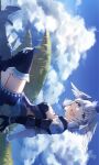  1girl blue_eyes breasts clouds cloudy_sky crown head_wings highres medium_breasts melia_antiqua mirin. open_mouth short_hair silver_hair sky smile solo wings xenoblade_chronicles xenoblade_chronicles_(series) 