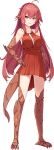  1girl artist_request bangs bare_shoulders breasts dress eyebrows_visible_through_hair full_body hair_between_eyes hand_on_hip large_breasts long_hair monster_girl monster_musume_no_iru_nichijou monster_musume_no_iru_nichijou_online official_art pointy_ears red_dress red_eyes redhead reptile_girl sala_(monster_musume) scales slit_pupils solo strapless strapless_dress thigh-highs transparent_background zettai_ryouiki 