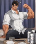  1boy bed beer_can bellsaltr biceps black_hair blush building can closed_eyes collared_shirt cup curtains fang flexing glasses highres large_pectorals male_focus muscular muscular_male on_bed original pants pectoral_cleavage pectorals plate pose shirt sitting sitting_on_bed smirk solo spiky_hair table tan thick_arms thick_thighs thighs tight 
