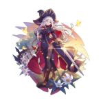  1girl boots breasts cape dragalia_lost dress fence floating_cape flower glint grace_(dragalia_lost) grave hair_between_eyes hat holding holding_sword holding_weapon large_breasts long_hair mask mask_removed official_art petals side_slit silver_hair sunset sword thigh-highs tree vial weapon witch_hat yellow_eyes 