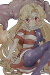  1girl american_flag_dress blonde_hair clownpiece hat highres inkopiko jester_cap long_hair looking_at_viewer pantyhose polka_dot red_eyes short_sleeves simple_background solo star_(symbol) striped touhou very_long_hair white_background 