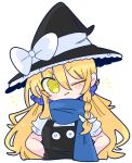  1girl blonde_hair blush bow braid cropped_torso hand_on_hip hat hat_bow highres kirisame_marisa long_hair one_eye_closed op_na_yarou scarf short_sleeves simple_background solo touhou upper_body white_background white_bow witch_hat yellow_eyes 