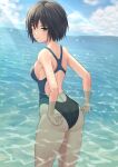  1girl adjusting_clothes adjusting_swimsuit amagami black_eyes black_hair black_swimsuit blue_sky bob_cut botan_m clouds commentary_request commission competition_swimsuit day from_behind highres horizon looking_at_viewer nanasaki_ai ocean one-piece_swimsuit outdoors short_hair sky solo standing swimsuit water 