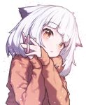  1girl :o alternate_costume arknights bangs beudelb blunt_bangs blush brown_eyes eyebrows_visible_through_hair head_tilt highres long_sleeves orange_sweater owl_ears own_hands_together parted_lips ptilopsis_(arknights) short_hair silver_hair simple_background sleeves_past_wrists solo sweater upper_body white_background 