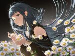  1girl bangs blue_hair blunt_bangs blurry champi clothing_cutout commentary daisy depth_of_field field flower flower_field from_side hands_up highres holding holding_flower long_hair looking_at_viewer night night_sky original outdoors shoulder_cutout sky smile solo star_(sky) starry_sky upper_body violet_eyes 