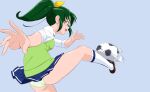  1girl ass ball blue_background blue_skirt fuchi_(nightmare) green_eyes green_hair green_sweater_vest high_ponytail kicking kneehighs long_hair midorikawa_nao miniskirt nanairogaoka_middle_school_uniform open_mouth panties pantyshot playing_sports pleated_skirt precure school_uniform shirt short_sleeves simple_background skirt smile_precure! soccer soccer_ball solo sweater_vest underwear white_legwear white_panties white_shirt 