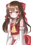  1girl absurdres ascot bangs bare_shoulders blush bow brown_hair detached_sleeves eyebrows_visible_through_hair frills hair_bow hair_tubes hakurei_reimu highres long_hair long_sleeves looking_at_viewer midriff navel okome2028 parted_lips red_bow red_eyes red_skirt sidelocks skirt skirt_set solo touhou white_background wide_sleeves 