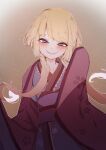  1girl at2. blonde_hair blush character_request copyright_request eyebrows_visible_through_hair highres japanese_clothes kimono long_hair looking_at_viewer low_twintails parted_lips smile solo twintails violet_eyes 