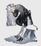  1girl absurdres animal_ears arknights azure_silan bag bangs black_dress black_footwear dress flower full_body gas_mask grey_background grey_hair hair_flower hair_ornament hand_up heavyrain_(arknights) heavyrain_(tranquil_moss)_(arknights) high_heels highres leaning_forward long_hair long_sleeves looking_away looking_down mask mask_removed pantyhose profile puddle puffy_long_sleeves puffy_sleeves reflection ripples rose shoes sleeves_past_wrists solo standing tail very_long_hair violet_eyes water white_flower white_legwear white_rose 