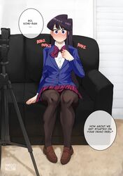  1girl absurdres black_hair blazer blush breasts brown_footwear brown_legwear camera casting_couch collared_shirt couch diagonal-striped_bow diagonal-striped_skirt english_commentary english_text full-face_blush full_body highres jacket komi-san_wa_komyushou_desu komi_shouko loafers long_hair mango-nectar medium_breasts meme no_mouth on_couch pantyhose pigeon-toed shirt shoes sitting solo speech_bubble tripod violet_eyes 