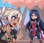  2girls annoyed bandaged_arm bandages bangs black_legwear breasts broom collarbone covered_navel day grey_hair holding holding_broom irelia large_breasts league_of_legends long_hair medium_breasts multiple_girls open_mouth pantyhose parted_bangs phantom_ix_row riven_(league_of_legends) shiny shiny_clothes shiny_hair short_hair tearing_up tree 