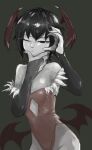 1girl bangs breasts bridal_gauntlets closed_mouth demon_girl fur-trimmed_leotard fur_trim greyscale hair_between_eyes head_wings leotard lilith_aensland limited_palette low_wings monochrome one_eye_closed red_leotard short_hair simple_background small_breasts solo spot_color tirarizun vampire_(game) wings 