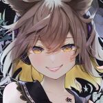  1girl bangs black_background blonde_hair earmuffs earrings eyebrows_visible_through_hair face grin hair_between_eyes hand_up jewelry long_hair looking_at_viewer nail_polish parted_lips portrait smile solo syuri22 touhou toyosatomimi_no_miko yellow_eyes 