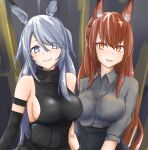  2girls animal_ear_fluff animal_ears aoe_(tiranporan) arknights armband asymmetrical_docking bare_shoulders black_dress black_gloves black_skirt breast_press breasts brown_eyes brown_hair commentary_request dress elbow_gloves fox_ears franka_(arknights) gloves grey_eyes grey_shirt grin high-waist_skirt highres large_breasts long_hair long_sleeves looking_at_viewer multiple_girls parted_lips partial_commentary rabbit_ears savage_(arknights) shirt sideboob silver_hair skirt sleeveless sleeveless_dress smile two_side_up upper_body very_long_hair 