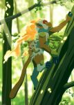  absurdres blurry chimchar climbing closed_mouth commentary_request day fire from_side highres infernape komepan light_rays open_mouth outdoors pokemon pokemon_(creature) riding riding_pokemon tree 