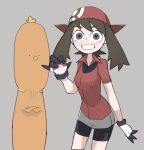  1girl bangs beak bike_shorts black_eyes black_gloves breasts brown_hair crossed_arms gloves grey_background grin highres holding holding_poke_ball long_hair looking_at_viewer may_(pokemon) poke_ball pokemon pokemon_(creature) pokemon_(game) pokemon_rse red_headwear red_shirt shirt simple_background small_breasts smile tirarizun torchic 