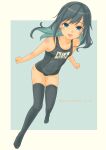  1girl absurdres alternate_costume asashio_(jmsdf) asashio_(kancolle) black_hair black_legwear blue_background blue_eyes blue_swimsuit border breasts collarbone covered_navel eyebrows_visible_through_hair full_body hair_between_eyes highres kantai_collection long_hair looking_at_viewer name_tag old_school_swimsuit one-piece_swimsuit open_mouth pot-de school_swimsuit small_breasts smile solo swimsuit thigh-highs twitter_username white_border 
