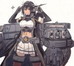  1girl black_cape black_gloves black_hair cannon cape commentary_request cowboy_shot elbow_gloves fingerless_gloves gloves headgear kantai_collection kasumi_(skchkko) long_hair machinery miniskirt nagato_(kancolle) nagato_kai_ni_(kancolle) pleated_skirt red_eyes simple_background skirt solo standing thigh-highs turret white_background 