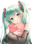  1girl 723/nanahumi bangs black_sleeves blush commentary_request detached_sleeves eyebrows_visible_through_hair green_eyes green_hair hatsune_miku head_tilt heart heart_pillow highres long_hair long_sleeves looking_at_viewer object_hug parted_lips pillow pillow_hug simple_background solo twintails upper_body vocaloid white_background wide_sleeves 