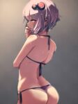  1girl ass at2. bikini cowboy_shot hair_ornament hand_on_own_face looking_at_viewer looking_back purple_hair short_hair_with_long_locks side-tie_bikini sidelocks solo swimsuit violet_eyes vocaloid voiceroid wet yuzuki_yukari 