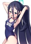  absurdly_long_hair absurdres arisu_(blue_archive) ass black_hair black_hairband blue_archive blue_eyes blue_swimsuit bright_pupils covered_navel hair_between_eyes hairband halo highres long_hair looking_at_viewer name_tag one-piece_swimsuit one_side_up salukino school_swimsuit solo swimsuit very_long_hair white_pupils 