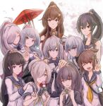  6+girls ahoge alternate_hairstyle armband asashimo_(kancolle) black_hair black_jacket blazer blue_eyes bodysuit brown_hair cherry_blossoms dress flower fuyutsuki_(kancolle) grey_eyes grey_hair hair_flower hair_ornament hair_over_one_eye hair_ribbon hairclip hamakaze_(kancolle) hatsushimo_(kancolle) high_ponytail isokaze_(kancolle) jacket kantai_collection kasumi_(kancolle) kasumi_kai_ni_(kancolle) long_hair long_sleeves low-tied_long_hair mizuchi_(mizuchi7118) multiple_girls neckerchief one_eye_closed one_side_up pinafore_dress red_eyes ribbon sailor_collar school_uniform serafuku shirt short_hair short_sleeves sidelocks silver_hair sleeveless sleeveless_shirt suzutsuki_(kancolle) tress_ribbon v very_long_hair white_bodysuit white_sailor_collar yahagi_(kancolle) yamato_(kancolle) yellow_neckerchief yukikaze_(kancolle) z_flag 