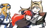  3girls animal_ears arknights bagpipe_(arknights) blonde_hair blush closed_eyes crying dragon_girl dragon_horns herecave horn_(arknights) horns hug multiple_girls pointy_ears redhead saileach_(arknights) white_background wolf_ears wolf_girl 