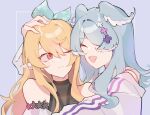  2girls bare_shoulders blonde_hair blue_hair blush closed_eyes elira_pendora face-to-face hair_ornament hair_over_one_eye hair_ribbon hand_on_another&#039;s_head head_wings highres hug long_hair looking_at_another multiple_girls nijisanji nijisanji_en one_eye_closed open_mouth pointy_ears pomu_rainpuff red_eyes ribbon rzry9 smile upper_body virtual_youtuber x_hair_ornament 