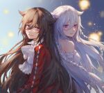  2girls alice_(pandora_hearts) back-to-back bangs bare_shoulders blue_background braid brown_hair choker detached_sleeves dress english_commentary eyebrows_visible_through_hair grin hair_between_eyes highres long_hair looking_at_viewer multiple_girls pandora_hearts red_dress ribbon smile very_long_hair violet_eyes white_choker white_dress white_hair white_ribbon white_sleeves will_of_the_abyss zieru 