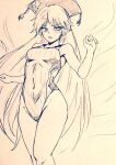  1girl alternate_costume aura bare_legs breasts commentary_request covered_navel crescent d-m_(dii_emu) eyebrows_visible_through_hair eyelashes greyscale junko_(touhou) long_hair looking_at_viewer monochrome one-piece_swimsuit open_mouth phoenix_crown sketch small_breasts standing swimsuit touhou traditional_media 