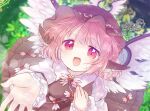  1girl :d animal_ears biyon blush eyebrows_visible_through_hair foreshortening from_above hat jewelry long_sleeves looking_at_viewer mystia_lorelei night open_mouth pink_hair reaching_out short_hair smile solo touhou wings 