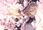  1girl apron black_skirt blonde_hair blurry blurry_background blurry_foreground bow braid cherry_blossoms depth_of_field hair_bow hat hat_bow highres kirisame_marisa long_hair looking_at_viewer one_eye_closed petals puffy_short_sleeves puffy_sleeves shirt short_sleeves single_braid skirt smile solo torinari_(dtvisu) touhou very_long_hair vest waist_apron white_bow white_shirt witch_hat wrist_cuffs yellow_eyes 