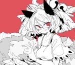  1girl animal_ears breasts closed_mouth futatsuiwa_mamizou glasses looking_to_the_side massakasama medium_breasts monochrome raccoon_ears raccoon_tail red_background see-through short_hair simple_background smile solo spot_color tail touhou upper_body 
