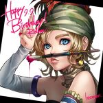  1girl art_brush bare_shoulders blonde_hair blue_eyes closed_mouth detached_sleeves earrings final_fantasy final_fantasy_vi happy_birthday hat hiromyan jewelry looking_at_viewer nail_polish paintbrush relm_arrowny short_hair signature simple_background solo strapless v 