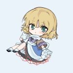  1girl arm_warmers bangs black_footwear blonde_hair blue_background blue_skirt chibi commentary_request full_body green_eyes kyouka_(wmia0717) looking_at_viewer medium_hair mizuhashi_parsee pointy_ears shoes simple_background skirt socks solo touhou white_legwear 