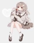  1girl :o absurdres blonde_hair brown_eyes cake crossdressing dress eating food full_body hair_ornament hairclip highres long_hair long_sleeves original uu3cm wavy_hair white_background 