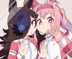  animal_ears black_hair commentary_request fourth_wall hair_between_eyes hair_over_one_eye hananoe_machine haru_urara_(umamusume) hat horse_ears horse_girl jacket looking_at_viewer open_mouth pink_eyes pink_hair ponytail rice_shower_(umamusume) screen track_jacket umamusume 