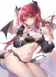  1girl :p bangs black_panties blush breasts closed_mouth crepe crop_top demon_girl demon_horns demon_tail demon_wings eyebrows_visible_through_hair food fruit highres holding holding_food holding_spoon horns irisrey kitagawa_marin leaning_to_the_side long_hair long_sleeves looking_at_viewer medium_breasts navel panties pointy_ears puffy_long_sleeves puffy_sleeves redhead ribbon rizu-kyun simple_background sitting solo sono_bisque_doll_wa_koi_wo_suru spoon stomach strawberry tail tongue tongue_out underwear white_background white_ribbon wings 