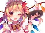  1girl ;d alternate_costume bangs blonde_hair blush bow crystal cup enmaided eyebrows_visible_through_hair fang flandre_scarlet hat holding looking_at_viewer maid maid_headdress mob_cap one_eye_closed open_mouth puffy_short_sleeves puffy_sleeves red_eyes shirt short_sleeves smile solo touhou tray unya_(coco121955) upper_body white_background wings wrist_cuffs 