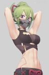  1girl armpits arms_up bangs bare_arms bare_shoulders black_shirt breasts commentary_request crop_top genshin_impact green_hair grey_background hair_between_eyes kuki_shinobu large_breasts looking_at_viewer mask midriff mouth_mask navel ponytail putcher shirt short_hair simple_background sleeveless sleeveless_shirt solo stomach upper_body violet_eyes 